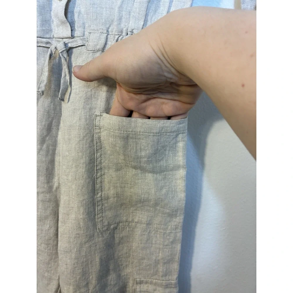Zara Linen Blend Jumpsuit Girls Sz 6 Oatmeal Button Front Long Sleeve - Picture 3 of 4